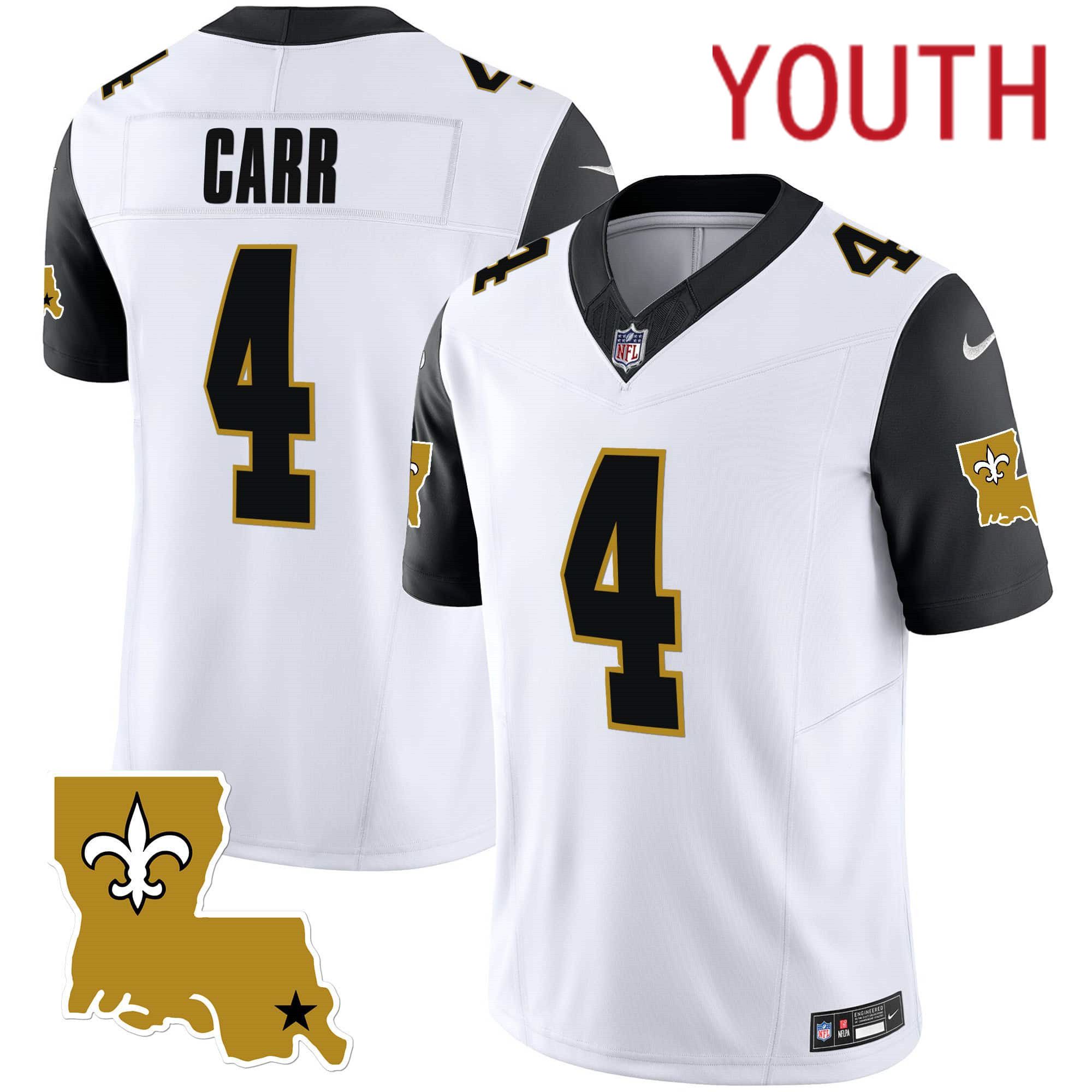 Youth New Orleans Saints #4 Carr White 2024 Nike 1987 Legacy Vapor Limited NFL Jersey style 2